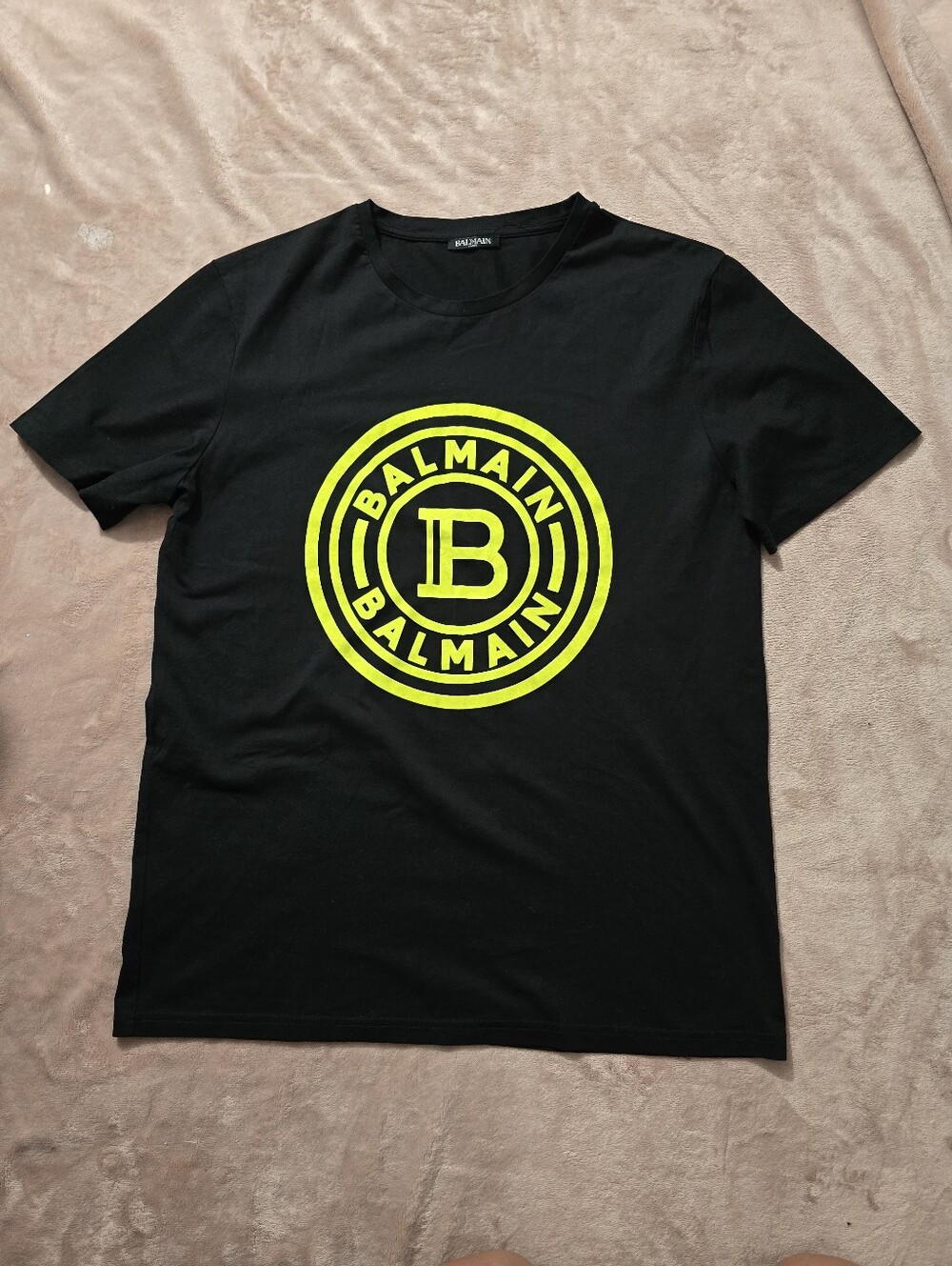 Balmain Paris logo print Black cotton T-shirt with Yellow Circle Logo Large